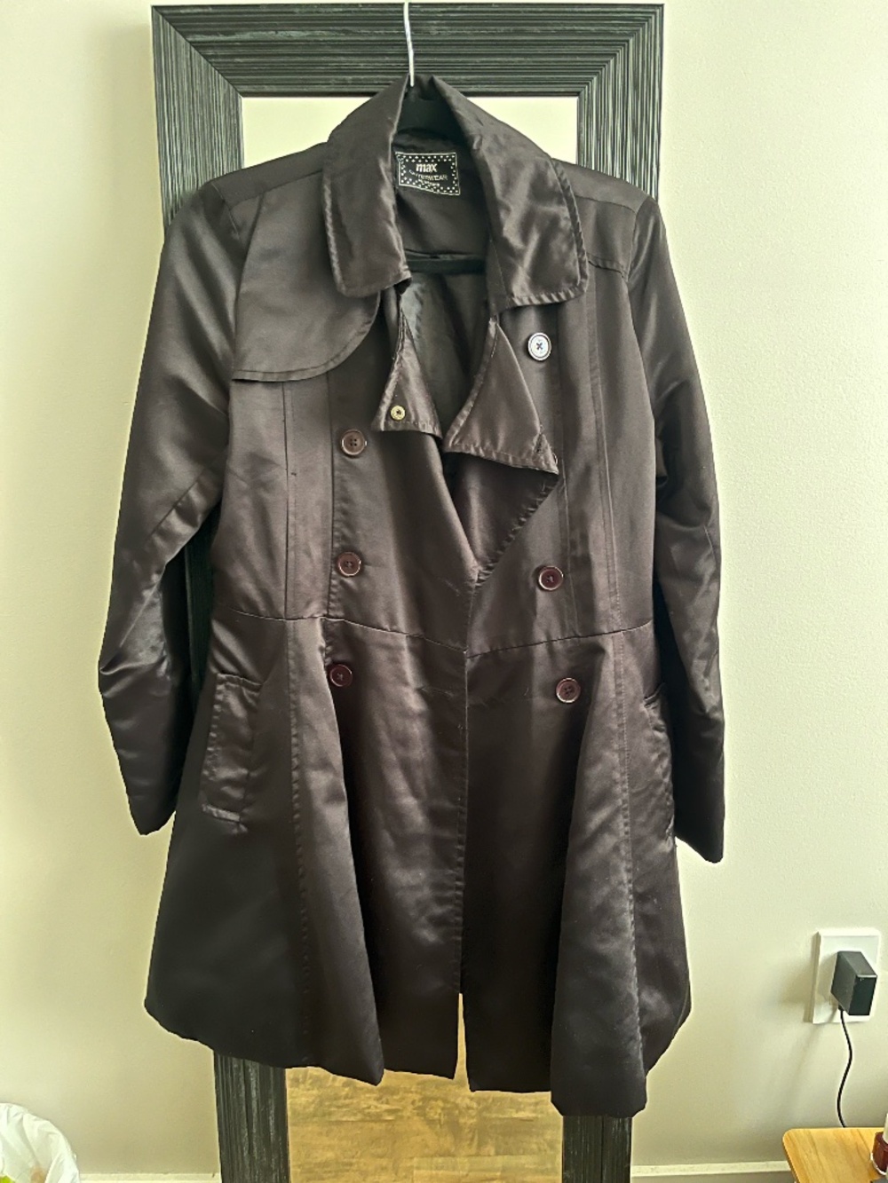 Vintage Max Satin Trench Coat Belted Black Y2K Retro S